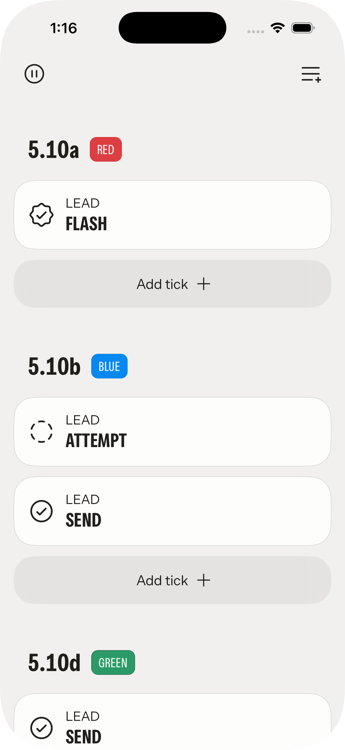 iPhone screenshot of a rock climbing tick list app showing three routes: 5.10a (Red) with a "Flash" lead, 5.10b (Blue) with "Attempt" and "Send" leads, and 5.10d (Green) with a "Send" lead. Each section has an "Add tick +" button.